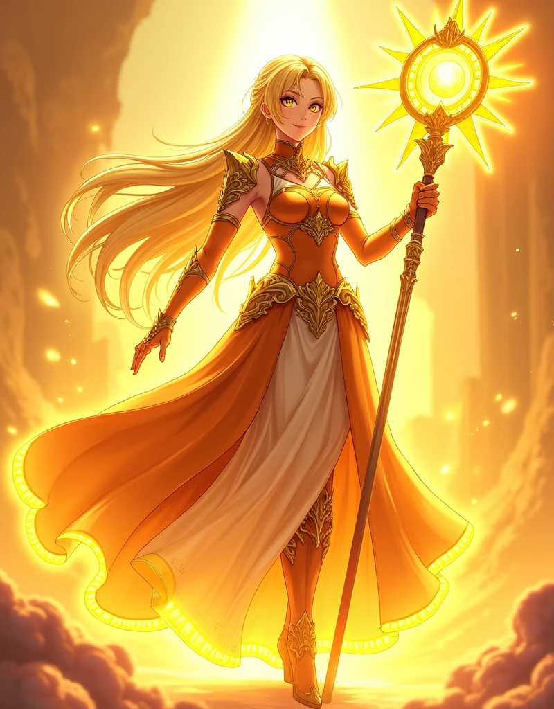 Design a breathtaking anime-style character named Solara, the 'Guardian of the Sun.' She exudes a powerful aura of warmth and radiance, embodying the divine energy of the sun itself. Solara's face is serene and confident, with glowing golden eyes that shimmer like sunlight. Her long, flowing hair, resembling molten gold, cascades down her back in glowing waves, adding an ethereal touch to her presence.
Her outfit is a blend of armor and flowing robes, shimmering in shades of gold, amber, and fiery orange, adorned with intricate sun motifs and glowing edges that seem to emit light. She holds a staff or sword, forged from pure sunlight, with a radiant sun-shaped crest at its top, glowing intensely with solar energy.