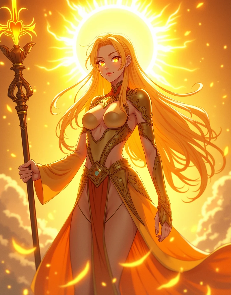 Design a breathtaking anime-style character named Solara, the 'Guardian of the Sun.' She exudes a powerful aura of warmth and radiance, embodying the divine energy of the sun itself. Solara's face is serene and confident, with glowing golden eyes that shimmer like sunlight. Her long, flowing hair, resembling molten gold, cascades down her back in glowing waves, adding an ethereal touch to her presence.
Her outfit is a blend of armor and flowing robes, shimmering in shades of gold, amber, and fiery orange, adorned with intricate sun motifs and glowing edges that seem to emit light. She holds a staff or sword, forged from pure sunlight, with a radiant sun-shaped crest at its top, glowing intensely with solar energy.