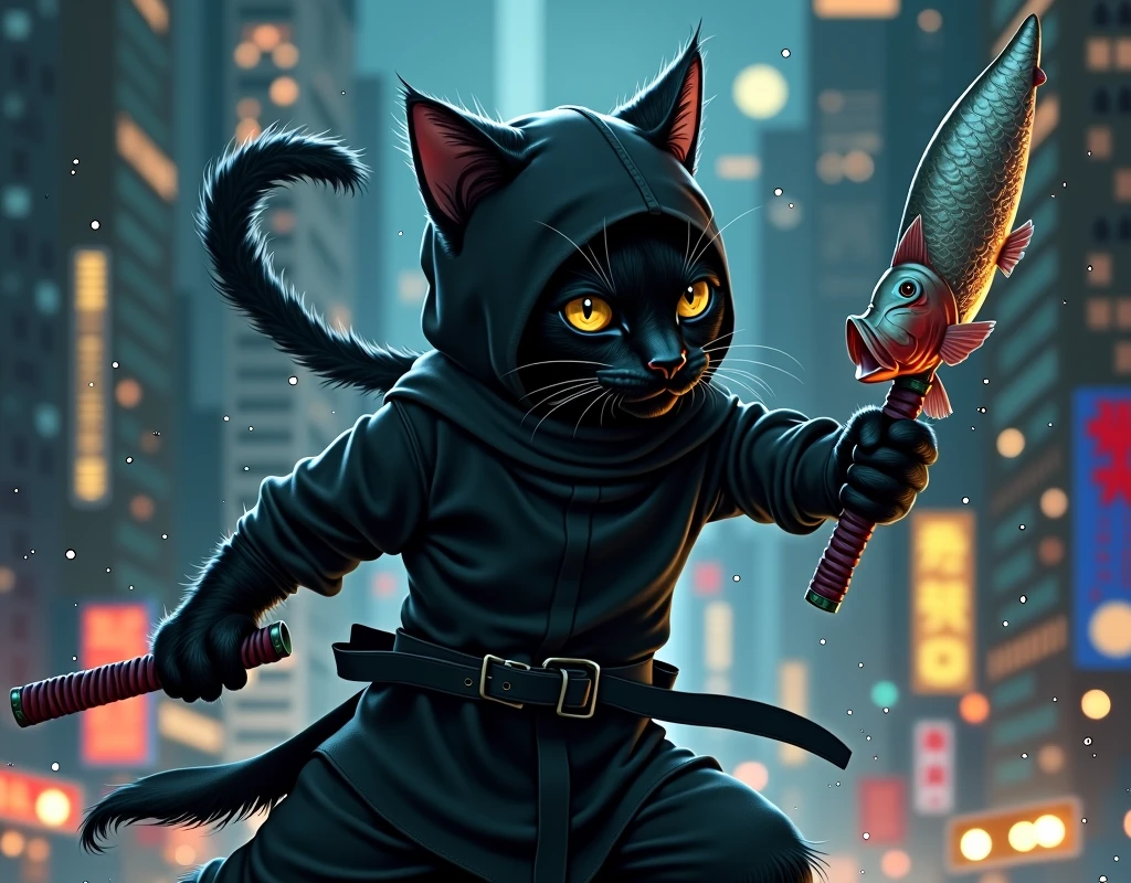 a cat dressed like a ninja with black outfit but he has a fih as sword. is in the middle of the night city with skyscraper.