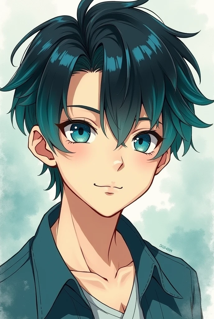 Black hair, male, blue-green highlights, blue-green eyes, manga, Chinese, round face, fair skin, handsome, semi-anime, watercolor painting, squinting eyes