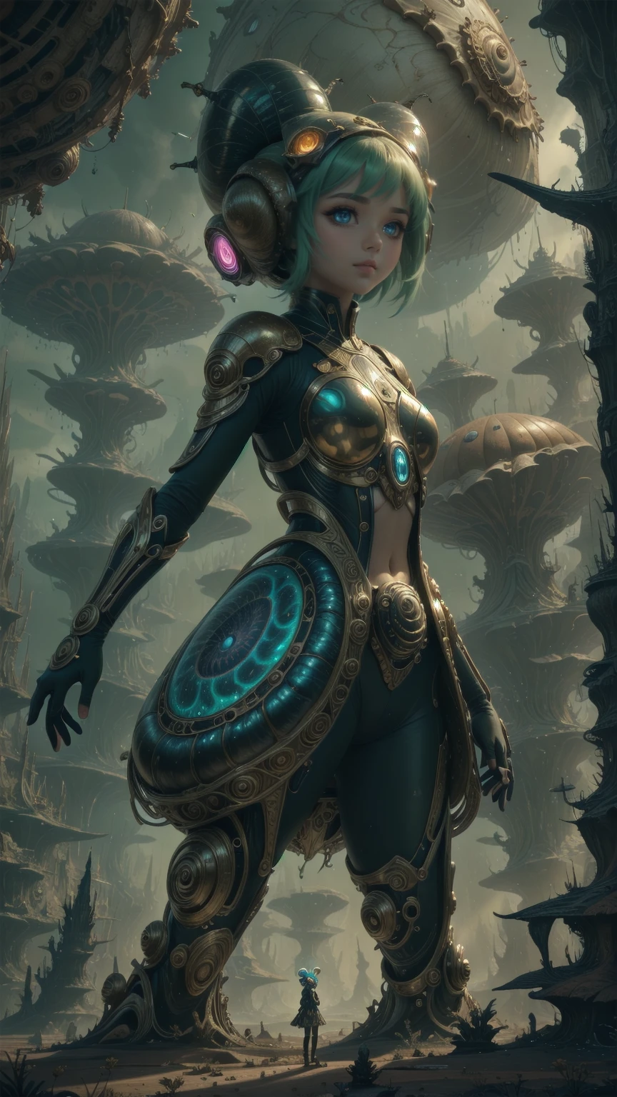 "((masterpiece)), highly detailed, digital illustration, a young girl standing on a vast, alien landscape, interacting with a gigantic snail with glowing patterns on its shell, the snail’s antennae waving gently as it gazes at her, surreal and dreamlike atmosphere, blending elements of science fiction and fantasy, the girl’s futuristic outfit adorned with small gadgets and lights, vibrant colors contrasting with the strange, otherworldly environment, a sense of curiosity and wonder",Mysticstyle