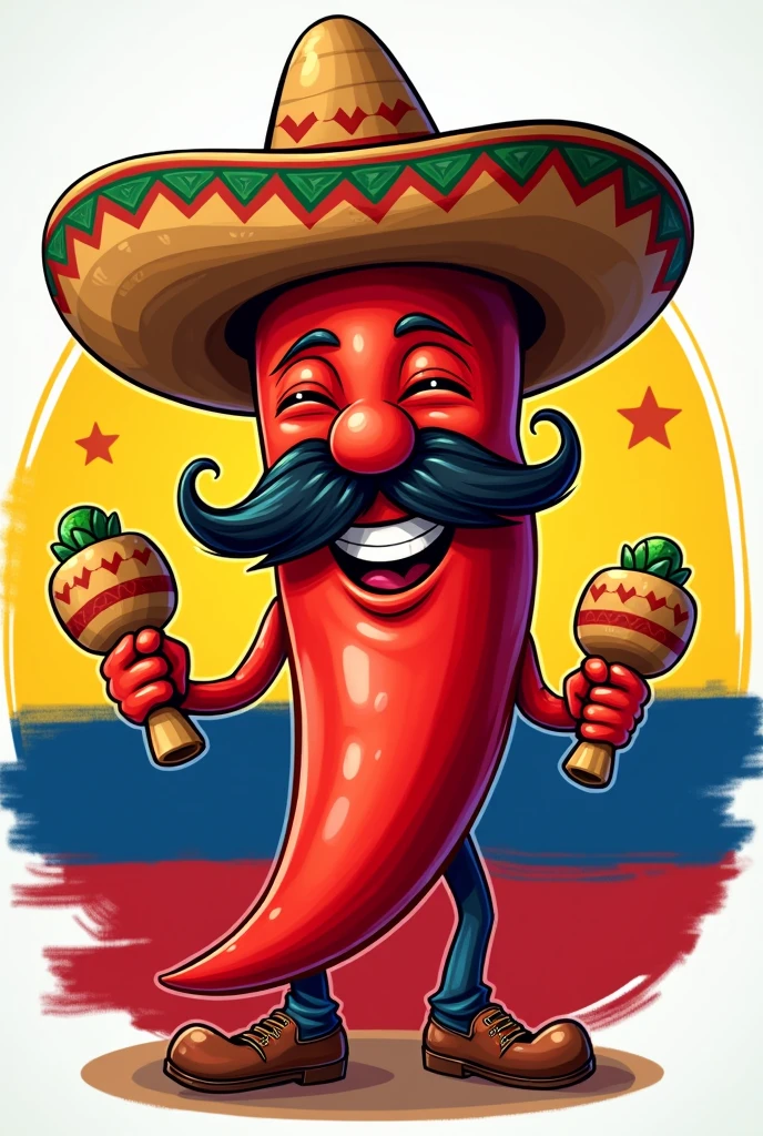 2D logo of a large hot chili pepper with a Mexican mustache, holding tacos in one hand and a maraca in the other, with a Mexican hat on his head and with the colors of Colombia in full HD quality
