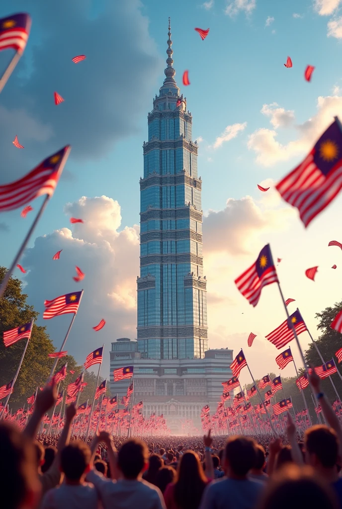 Tengku abdul rahman Tower, ((full)), malaysian independence days, many waving malaysian flat