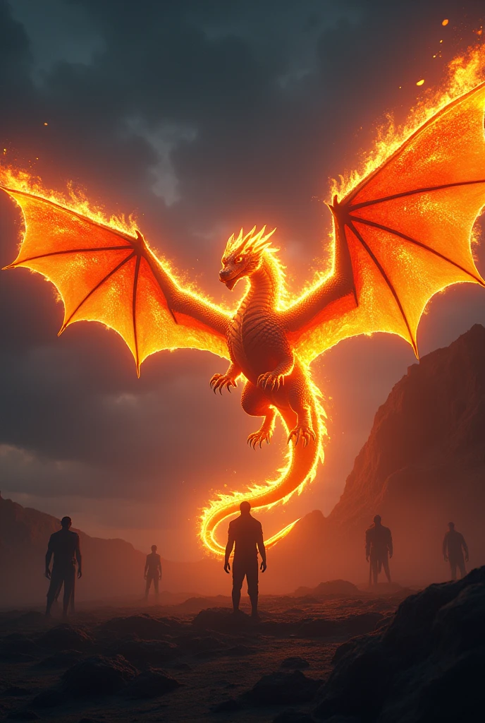 （fire Dragon），（The fire outlined the dragon&#39;s body.)，The dragon flaps its wings，(Shining with golden light)，alone,night,Multiple silhouettes，First person view elevation angle，Super Detail，Highest quality，masterpiece，（8k)，Very detailed，Spectacular artwork
