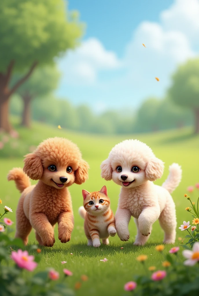 Raise two poodle puppies with a mongrel, one male and one female (one eyed female) and a cat playing in a beautiful field