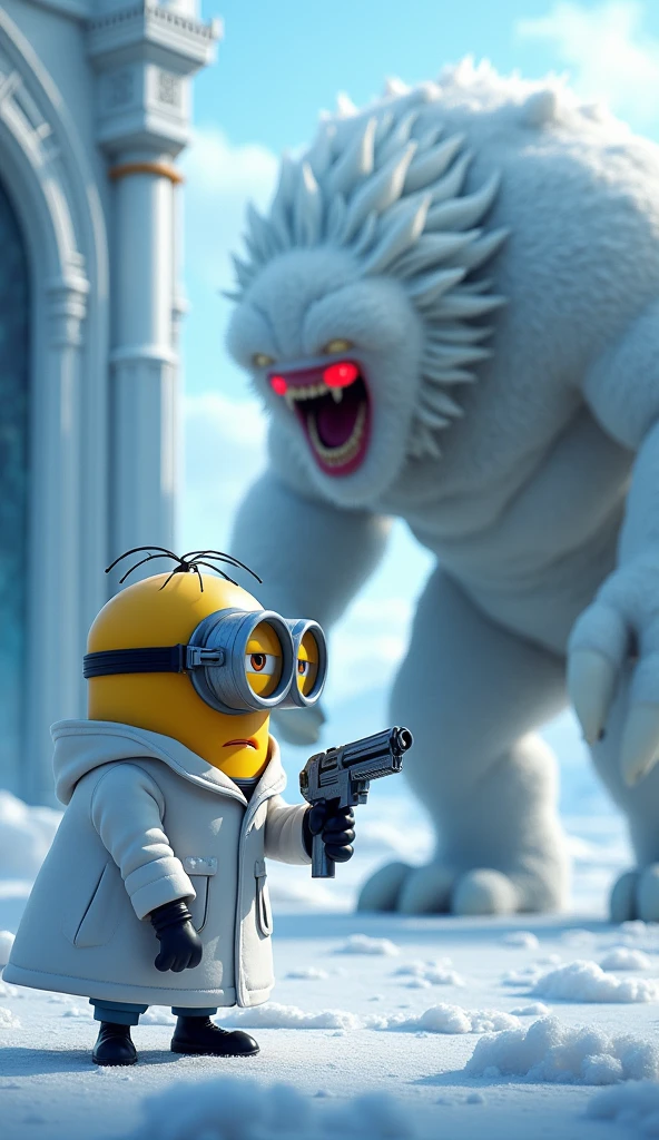 Minion in scientist suit holding flash gun pointing straight at snow monster Scene of fighting snow monster outside ice palace
