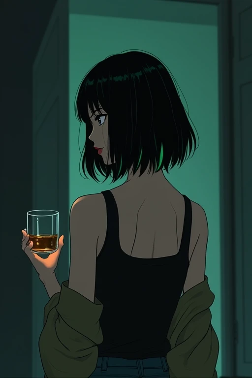 Black hair with green inner color、Bob、Tank top cardigan、whisky、Dark room at night、Back view、anime、An illustration、beautiful