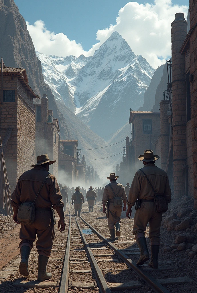 
3. **Colonial Mining Exploitation**: Indigenous miners and settlers working in the silver mines, with colonial-era infrastructure in the mountains around Oruro.
