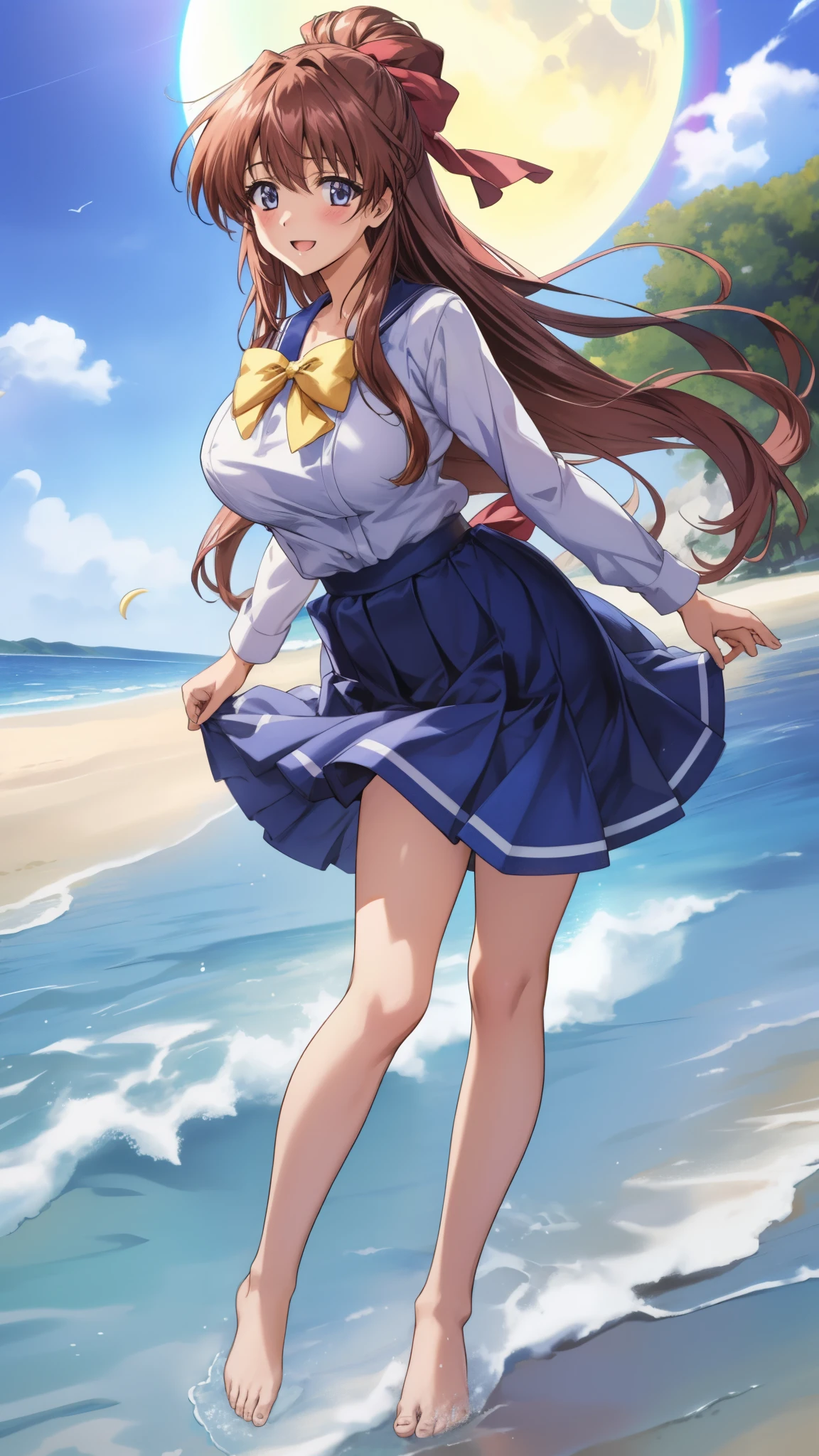 Anime illustration　Aoikan, 1 person, Hair Ribbon, school uniform, Long sleeve, bow tie, Blue Skirt,Big Breasts、 blush, Cute Smile　Open your mouth, Are standing, (She walked along the beach where the moon was shining and a rainbow appeared, her bare feet touched the water, and she came closest to that smile), Skirt Lift, barefoot,　Two Arms, (cinematic angle:1.1),