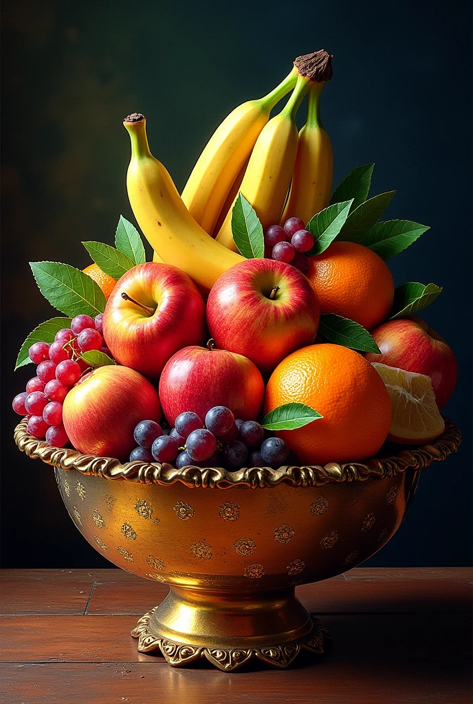 Generate an image of a vibrant and diverse arrangement of fruit, such as apples, bananas, grapes, and oranges, arranged artfully in a beautiful bowl color gold and opal or basket, set against a dark, rich, and mysterious background that accentuates the fruit's colors and textures, with the fruit casting subtle shadows and illuminated by a soft, warm, and golden light, creating a sense of depth and dimensionality, and evoking a feeling of abundance and freshness.