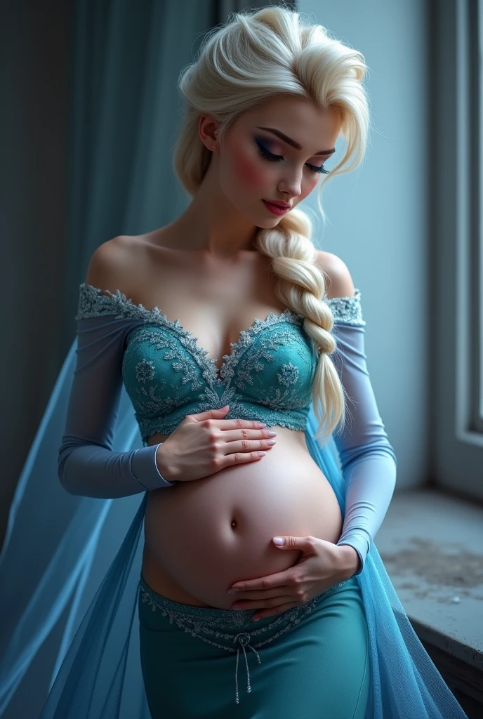 A stunning portrait of Elsa masturbating, young and beautiful, hyper realistic, real portrait, backlit, exquisite features, cleavage, she is inserting his fingers in her vagina under her skirt, she is fingering her, Elsa is in ecstasy, elsa from frozen, pregnant 