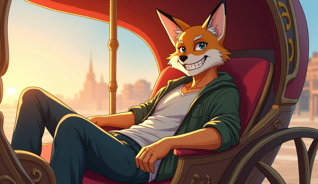 [A man with a fox-like face and casual attire sitting up in a carriage, showing a relaxed demeanor][Sunlight][Anime style]