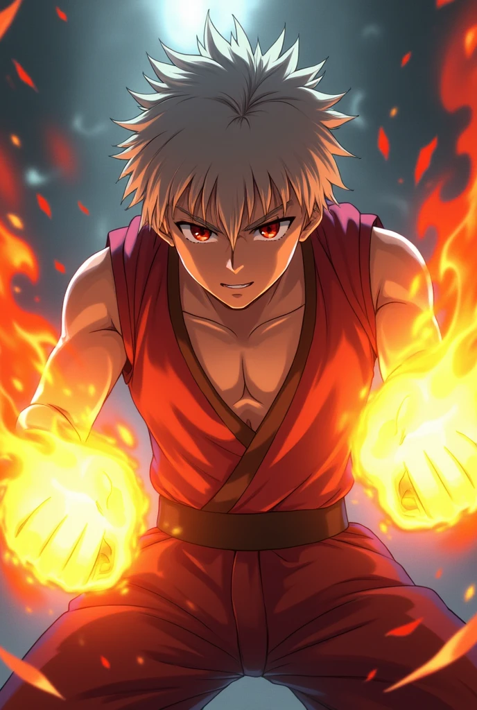 Sword art online anime art, A 19 year old young man with dark red eyes and messy gray hair, has boxer's clothes and flames around his fists.