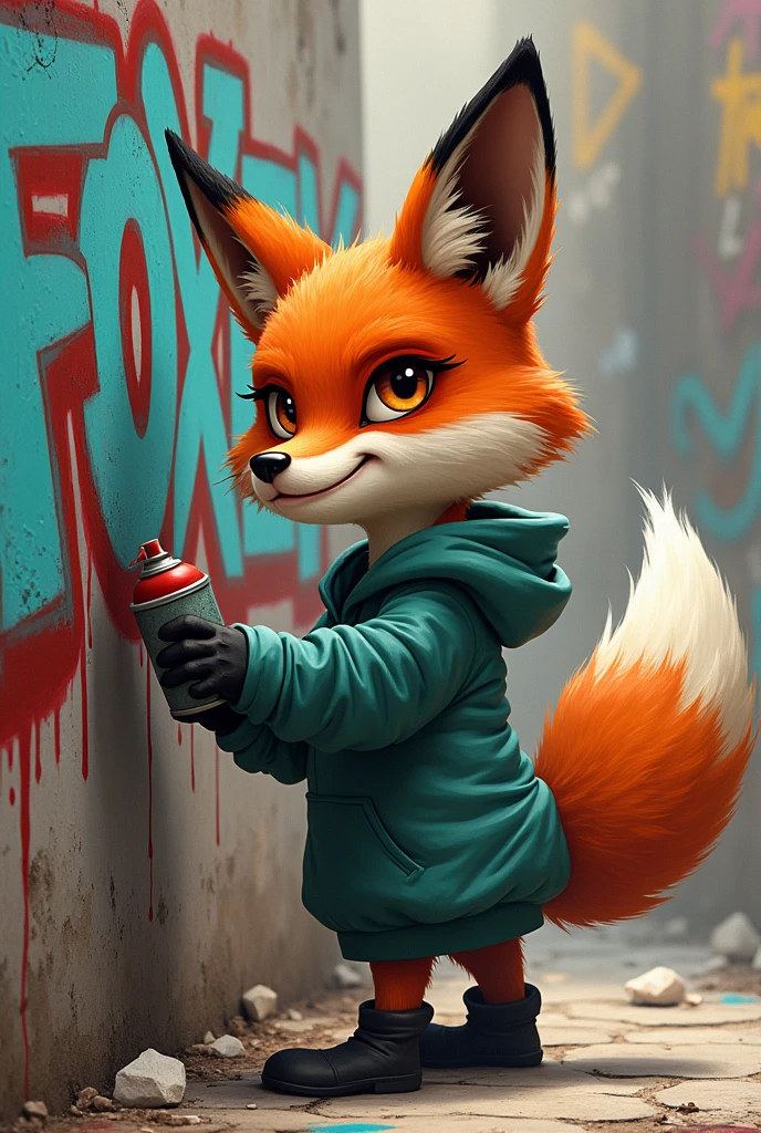 A fox wearing a hoodie making graffiti that says foxey