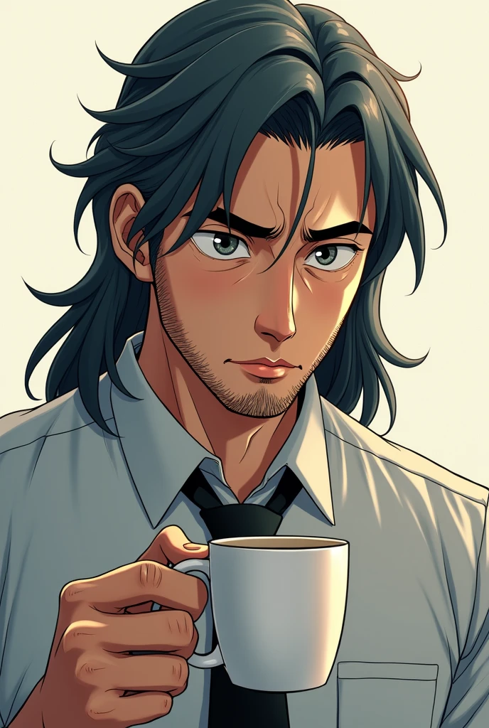 Create a male teacher in his mid 40s, having long dark hair with few grey hairs, a stubble and tired of life face expression, holding a coffee mug (Anime styled image)