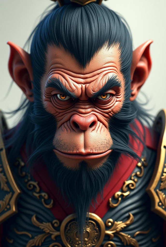 Hyperfocus portrait, wukong serious face, cold look at the viewer, chinese warrior armor, ultra realisitic, Reality, hiperReality