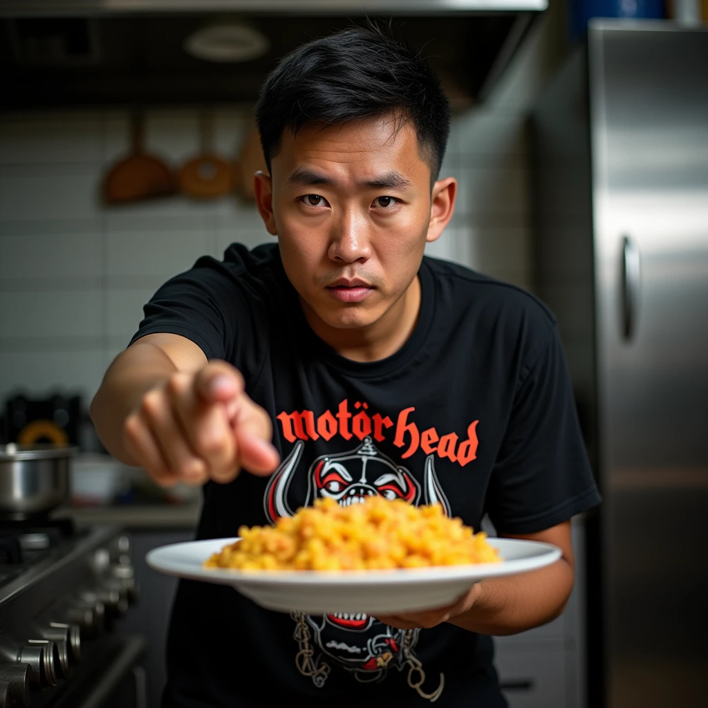 Real photo. young Indonesian man wearing a black Motorhead t-shirt. holding a plate of fried rice pointing at the camera. kitchen atmosphere. Ultra-realistic 8K photo, taken with Leica Q2, strong color contrast and sharp clarity --ar 9:16 --quality 2 --