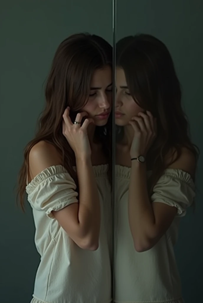 A young woman in a room with a sad face looking at herself in the mirror, her face not fully visible, she is from South America with semi-brown hair and about 25 years old.