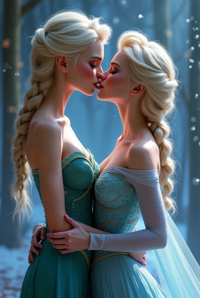 A stunning portrait of Elsa and her sister Anna kissing, French kissing, tongues touching, they are kissing, young and beautiful, hyper realistic, real portrait, backlit, exquisite features, cleavage, Elsa is showing her vagina to Anna and asking her to lick her vagina, she is inserting his fingers in her vagina under her skirt, she is fingering her, Elsa is in ecstasy