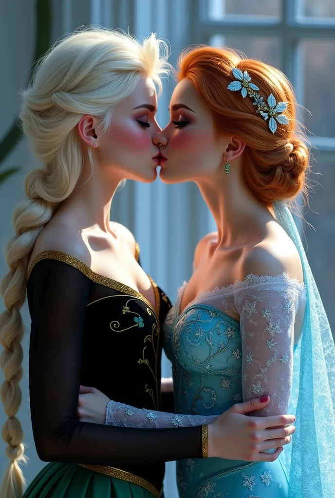 A stunning portrait of Elsa and her sister Anna kissing, French kissing, tongues touching, they are kissing, young and beautiful, hyper realistic, real portrait, backlit, exquisite features, cleavage, Elsa is showing her vagina to Anna and asking her to lick her vagina, she is inserting his fingers in her vagina under her skirt, she is fingering her, Elsa is in ecstasy