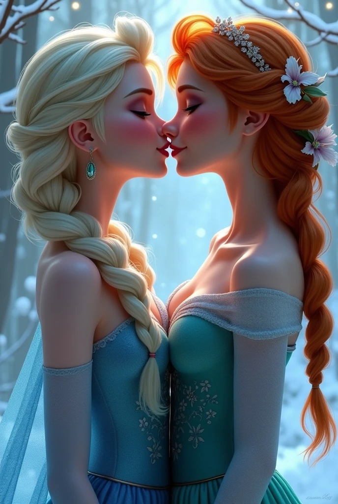 A stunning portrait of Elsa and her sister Anna kissing, French kissing, tongues touching, they are kissing, young and beautiful, hyper realistic, real portrait, backlit, exquisite features, cleavage, Elsa is showing her vagina to Anna and asking her to lick her vagina, she is inserting his fingers in her vagina under her skirt, she is fingering her, Elsa is in ecstasy