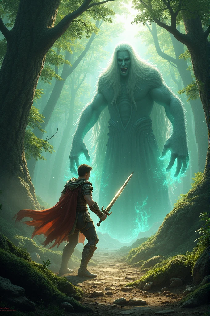 young warrior fighting an evil spirit in a forest while protecting his beloved