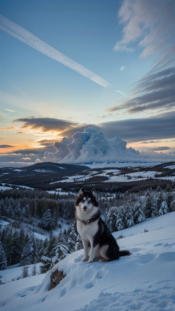 A majestic Siberian husky standing proudly atop a snow-covered hill, the wind tousling its thick fur. The dog’s icy blue eyes are focused on the horizon, where the sun is setting, casting a breathtaking blend of pink, orange, and purple across the sky. The landscape around is a winter wonderland, with towering pine trees dusted in snow and the distant silhouette of a cozy cabin with smoke rising from the chimney.