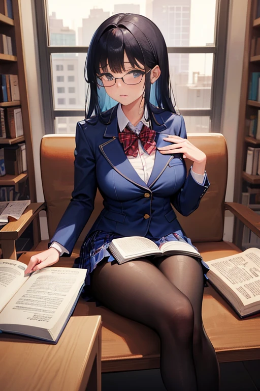 uhd, retina, accurate, masterpiece, anatomically correct, textured skin, super detail, high details, high quality, award winning, best quality, highres, 16K(high school girl),(Navy Blue Blazer),(Red checked mini skirt),(Black knee socks),(tall),(Long limbs),(Big Breasts),(slim),(Glasses),(Library scenery),(Timid atmosphere),(I read a book)