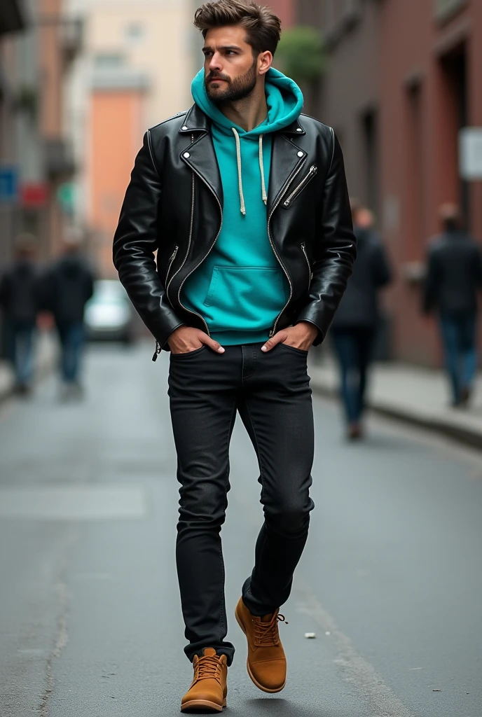 Man in leather jacket, underneath a turquoise hooded sweatshirt, black jeans and camel-colored shoes