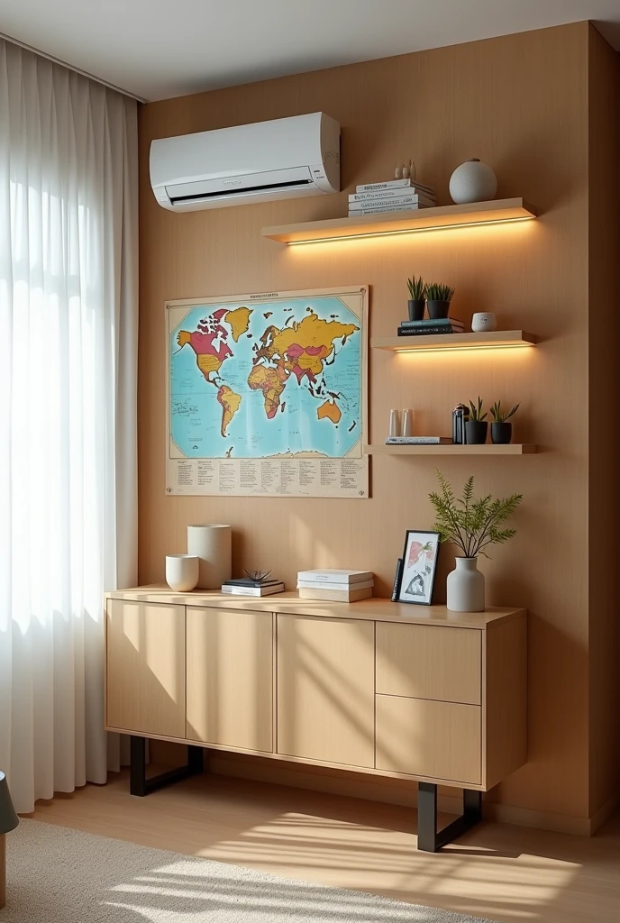 Entire wall covered in blond MDF José, nailed to this wall, close to the ceiling, is the air conditioning, Under the air conditioning there is a small world map and under the world map there are some shelves with lighting, under the shelves near the floor there is a two-door sideboard cabinet. Next to the wall a window with a white curtain.