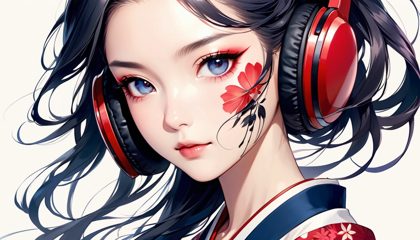 (((Ink Painting))), ((Japanese style headphones)), (((Japanese pattern tattoo on face))), face close up, Gorgeous hair accessories, Japan人の女, Fluttering Hair, Japan, Japanese flag, blue