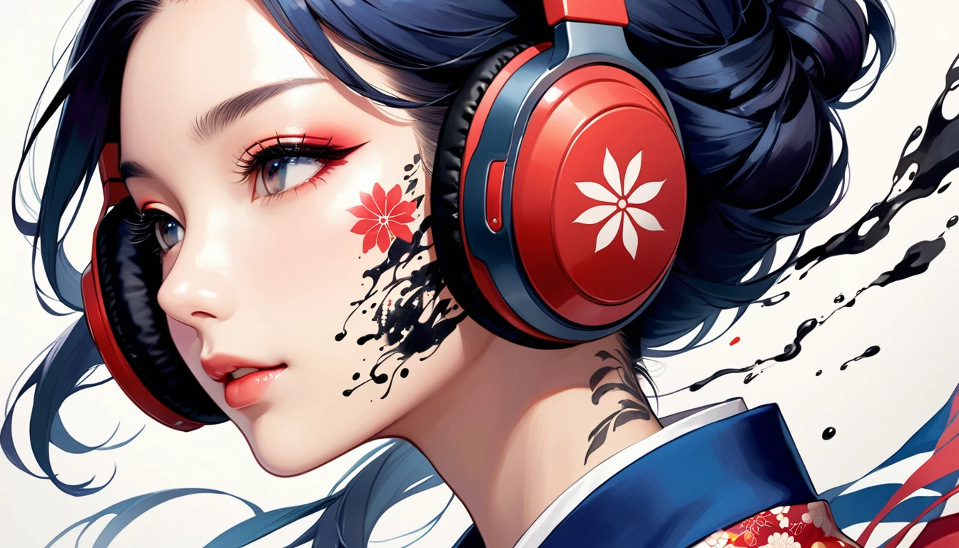(((Ink Painting))), ((Japanese style headphones)), (((Japanese pattern tattoo on face))), face close up, Gorgeous hair accessories, Japan人の女, Fluttering Hair, Japan, Japanese flag, blue