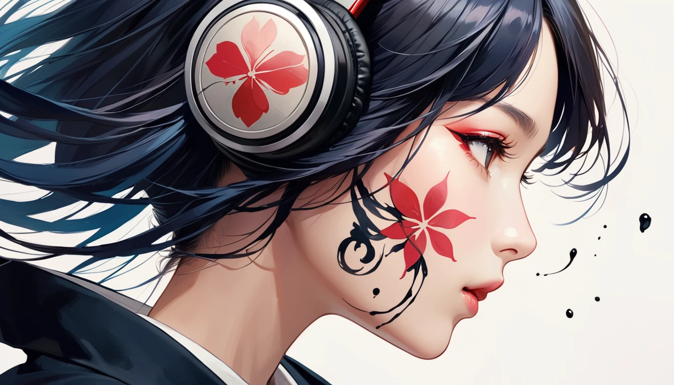 (((Ink Painting))), ((Japanese style headphones)), (((Japanese pattern tattoo on face))), face close up, Gorgeous hair accessories, Japan人の女, Fluttering Hair, Japan, Japanese flag, blue