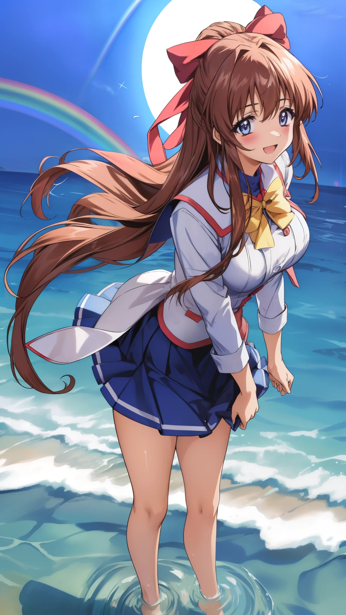 Anime illustration　Aoikan, 1 person, Hair Ribbon, school uniform, Long sleeve, bow tie, Blue Skirt,Big Breasts、 blush, Cute Smile　Open your mouth, Are standing, (She walked along the beach where the moon was shining and a rainbow appeared, her bare feet touched the water, and she came closest to that smile), Skirt Lift, barefoot,　Two Arms, (cinematic angle:1.1),