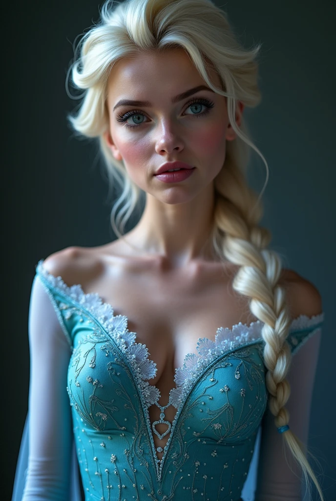 A stunning portrait of Elsa masturbating, young and beautiful, hyper realistic, real portrait, backlit, exquisite features, cleavage, she is inserting his fingers in her vagina under her skirt, she is fingering her, Elsa is in ecstasy, elsa from frozen