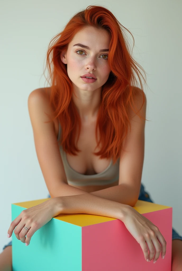 best qualityer:1.4), (ultra high resolution:1.2), (photorrealistic:1.4), (8k, CRU photo:1.2), 1 28 year old woman with white skin. Long straight red hair loose. brown eyes . She is wearing a white crop top. White palazzo pants. White sneakers. It's wearing a silver ring. He is sitting on top of a colorful cube. You are in a photography studio with a white background. tattoo on left arm. She is Brazilian