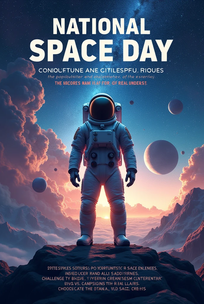 I want a flyer for national space day oration showing space as a field of opportunity and challenges it should be ultra realistic