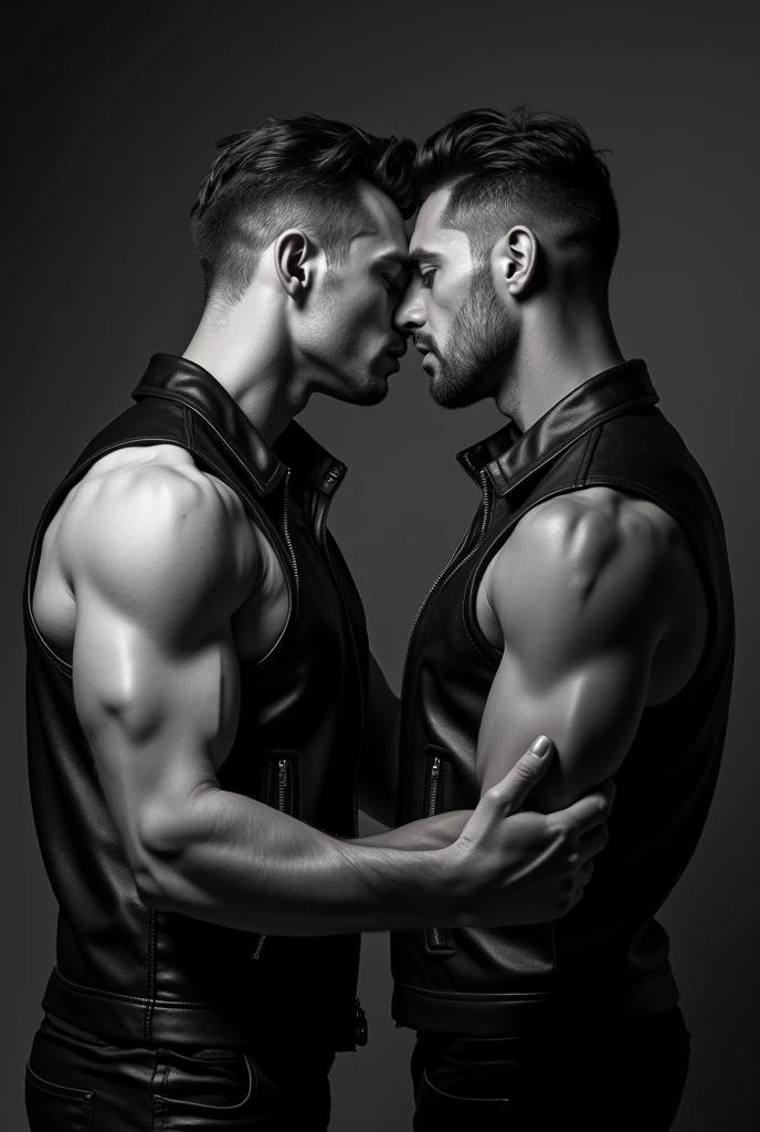 Generates a sexual close-up image of two leather-clad muscled men inciting rough sex in black and white, where it is understood that he is having sex this image is for an advertising poster for an adult techno party