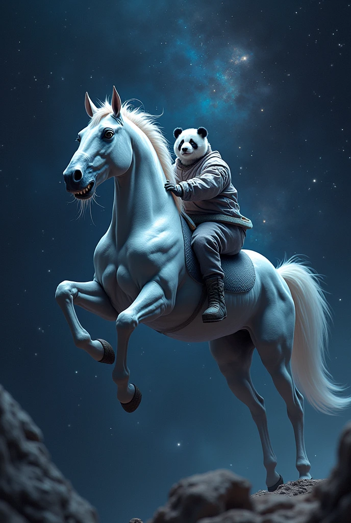 A horse with a shark head riding a panda in outer space
