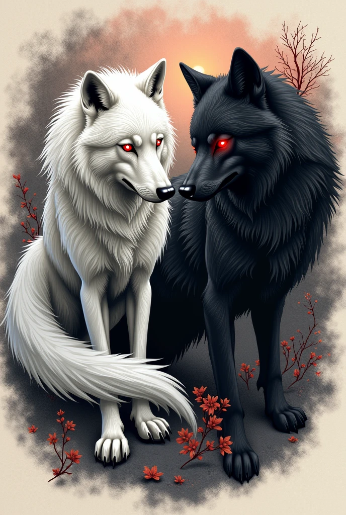 create a tattoo with two wolves, one white and one black, both with red eyes
