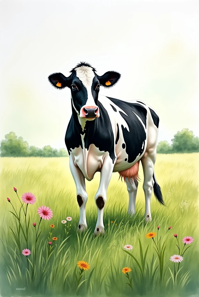 still life watercolur picture of a holstein cow in a green meadow