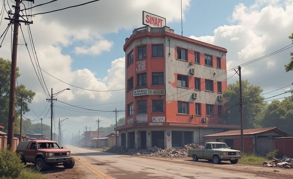 Create a post-zombie apocalypse image of the SINART building on channel 13 in Costa Rica