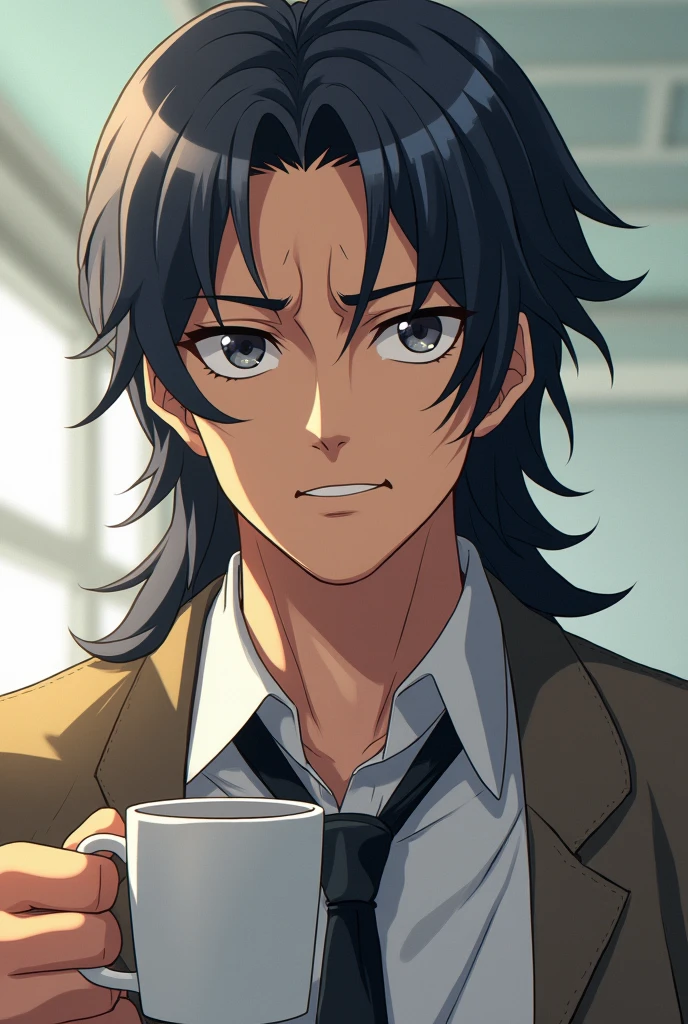 Create a male teacher in his mid 40s, having long dark hair with few grey hairs, a stubble and tired of life face expression, holding a coffee mug (Anime styled image)