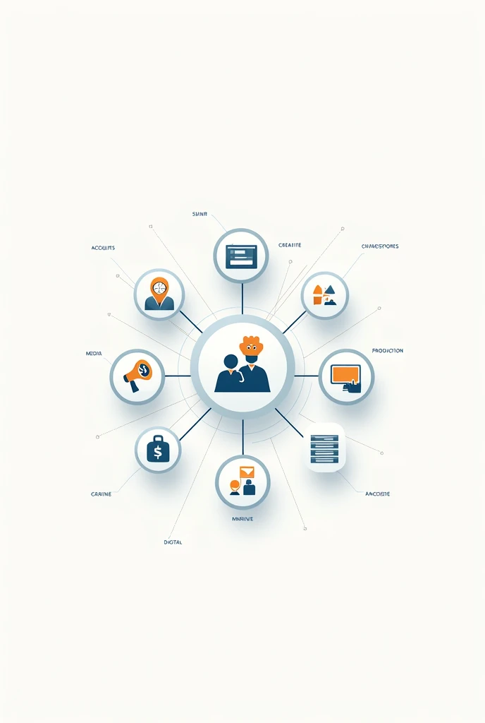 Use symbols to represent the Agency Structure:
Accounts: Client and project management.
creative: Development of ideas and design of campaigns.
Media: Planning and purchasing advertising space.
production: Creation of advertising materials.
Digital: Campaigns on digital platforms.