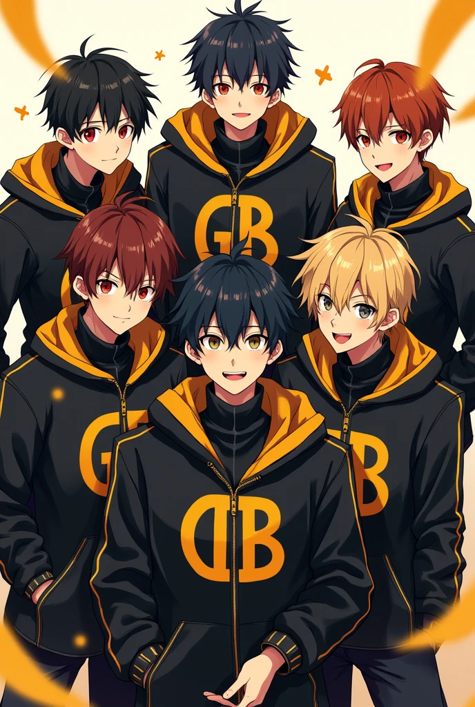(Anime style) A group of 6 boys wearing black and golden coat G B written on coats