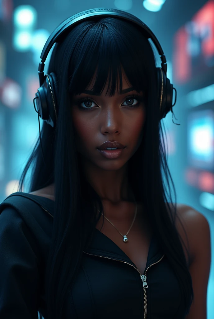 Create a Black female character, with black hair, long and straight, with a black headset. Place game drawings in the mirrored image background, put the name “Brenda” on the character’s forehead, leave with shades of blue 
