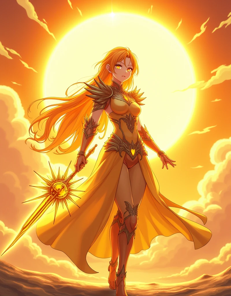 Design a breathtaking anime-style character named Solara, the 'Guardian of the Sun.' She exudes a powerful aura of warmth and radiance, embodying the divine energy of the sun itself. Solara's face is serene and confident, with glowing golden eyes that shimmer like sunlight. Her long, flowing hair, resembling molten gold, cascades down her back in glowing waves, adding an ethereal touch to her presence.
Her outfit is a blend of armor and flowing robes, shimmering in shades of gold, amber, and fiery orange, adorned with intricate sun motifs and glowing edges that seem to emit light. She holds a staff or sword, forged from pure sunlight, with a radiant sun-shaped crest at its top, glowing intensely with solar energy. Solara stands in a commanding pose, one hand raised as if summoning the power of the sun, with her other hand gripping her radiant weapon. The background is a glowing, sunlit sky with rays of light streaming down, the sun prominently positioned behind her, casting a radiant halo. Golden clouds and sunbeams surround her, emphasizing her celestial nature. The overall scene is warm and majestic, inspired by epic fantasy anime, with a dynamic, slightly low angle shot that captures her dominance and divine presence.