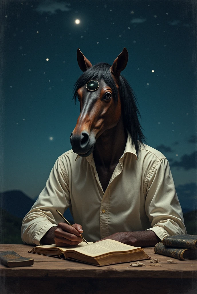 Indian man with the lower part of the body being that of a black-haired horse. He puts on an old-fashioned white shirt, a monocle, and makes notes in an old book under the stars.