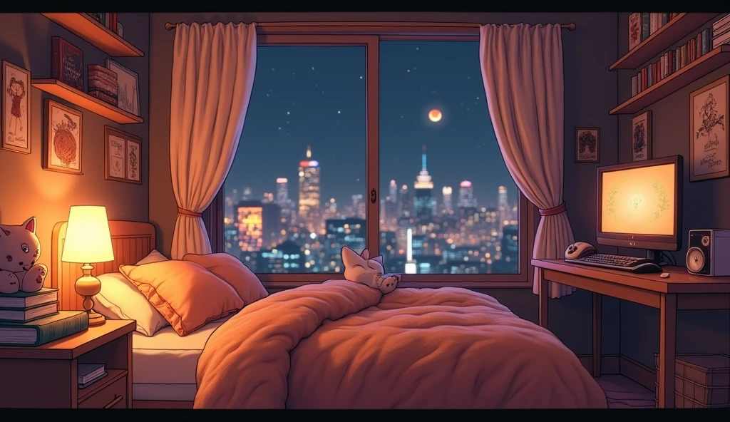 A lo-fi girly room , IN warm tones , predominating brown . A bed with a fluffy quilt.On the bedside table a cat lamp with warm lighting , bringing coziness to the bedroom .  a table with a gaming computer. textbooks , a kitten plush. A large window overlooking the illuminated buildings. アニメ , high resolution.