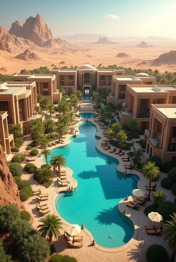 A big side desert resort with one hundred villas in it and their is also a lobby required in the center of the resort and also a gaming indoor hall inside the resort and a swimming pool at the out side corner of the resort